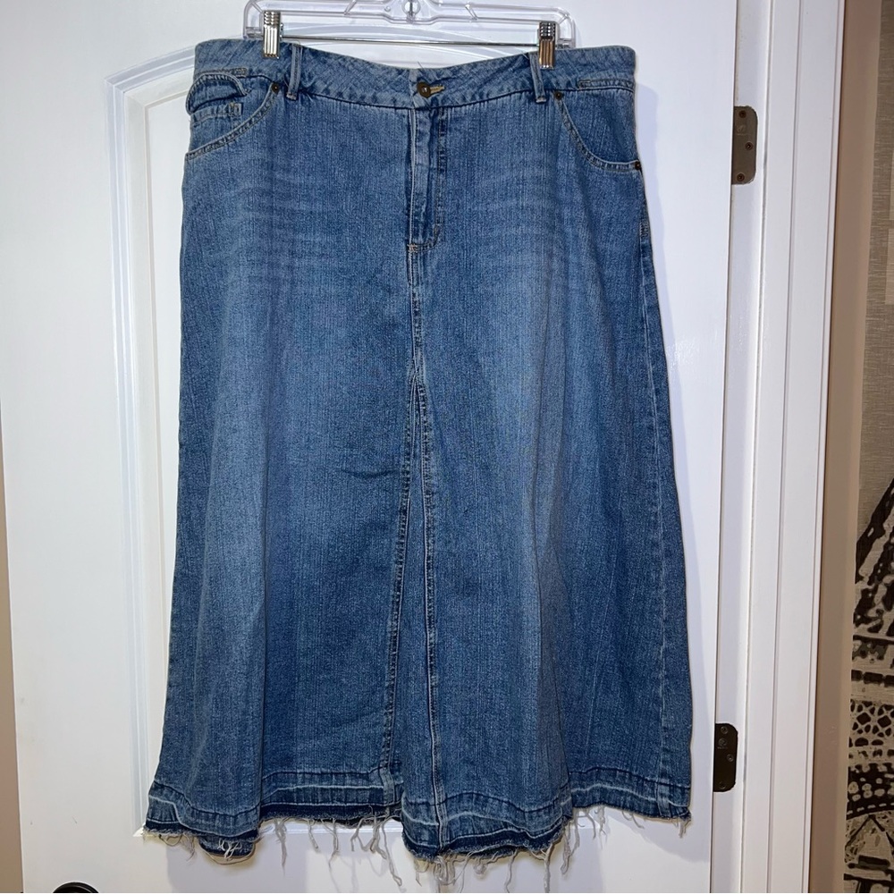 French Cuff Plus Size Denim Blue Jean Skirt w/Decorative Pockets & Fringe Sz 16W